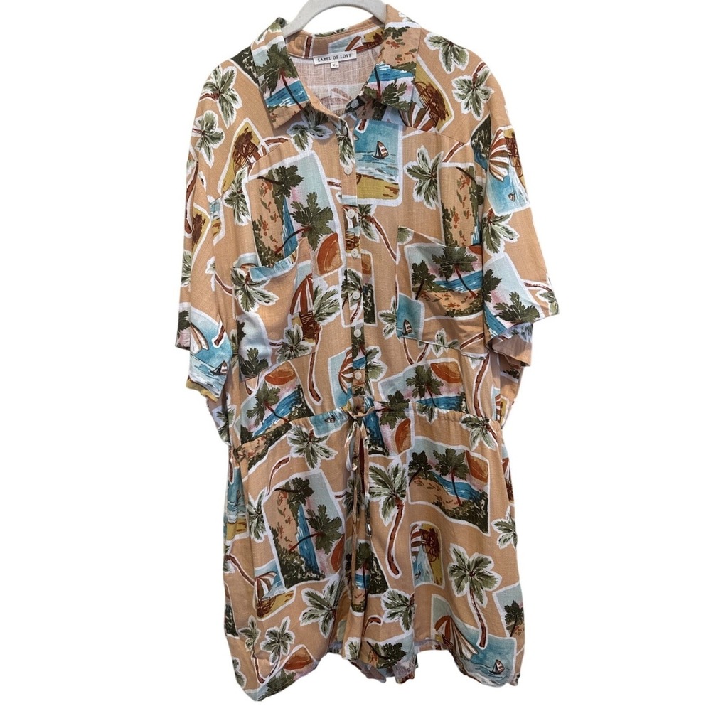 Label Of Love Romper Linen Blend Tropical Print Peach  Vacation‎ Size XL